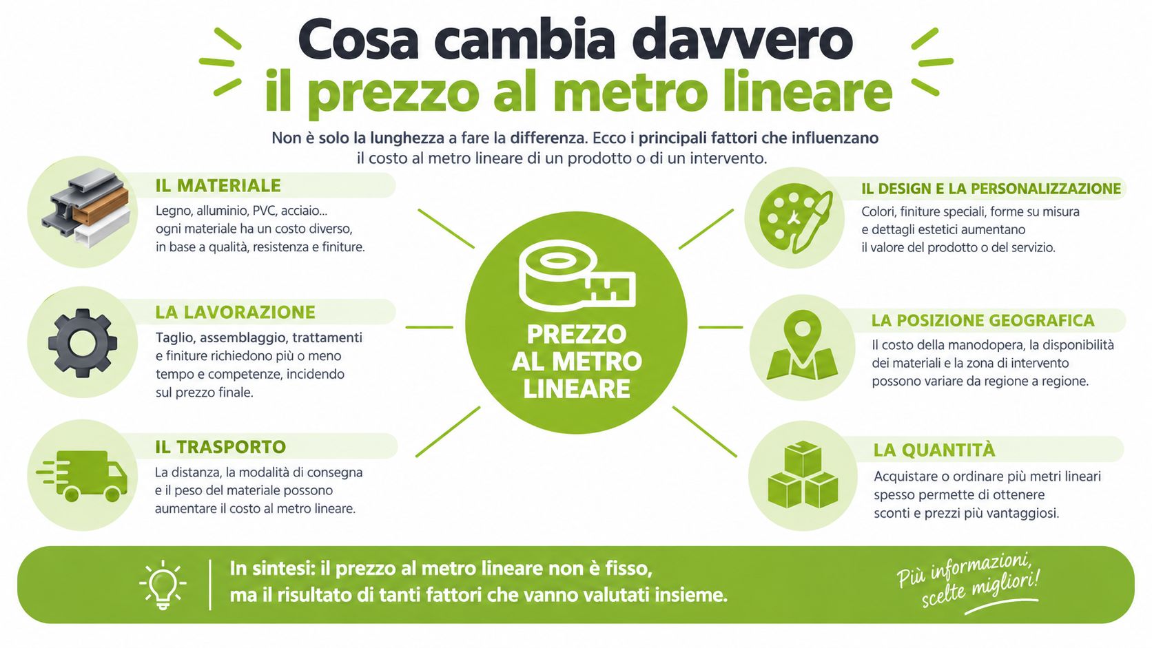 Infografica informativa sui principali fattori che influenzano il costo al metro lineare di prodotti e servizi.