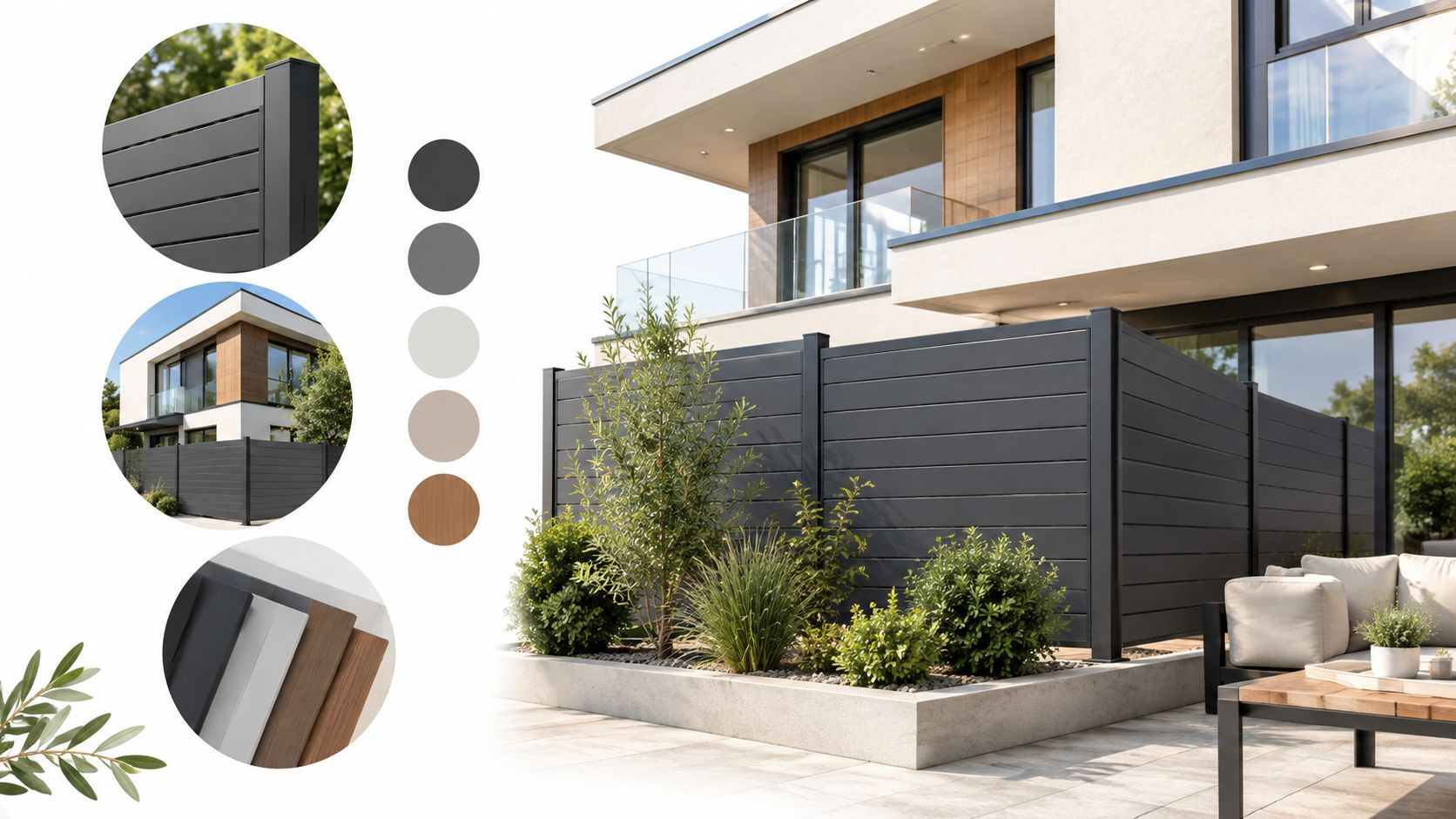 Recinzione da giardino moderna in alluminio colore antracite, installata davanti a una villa contemporanea con patio.