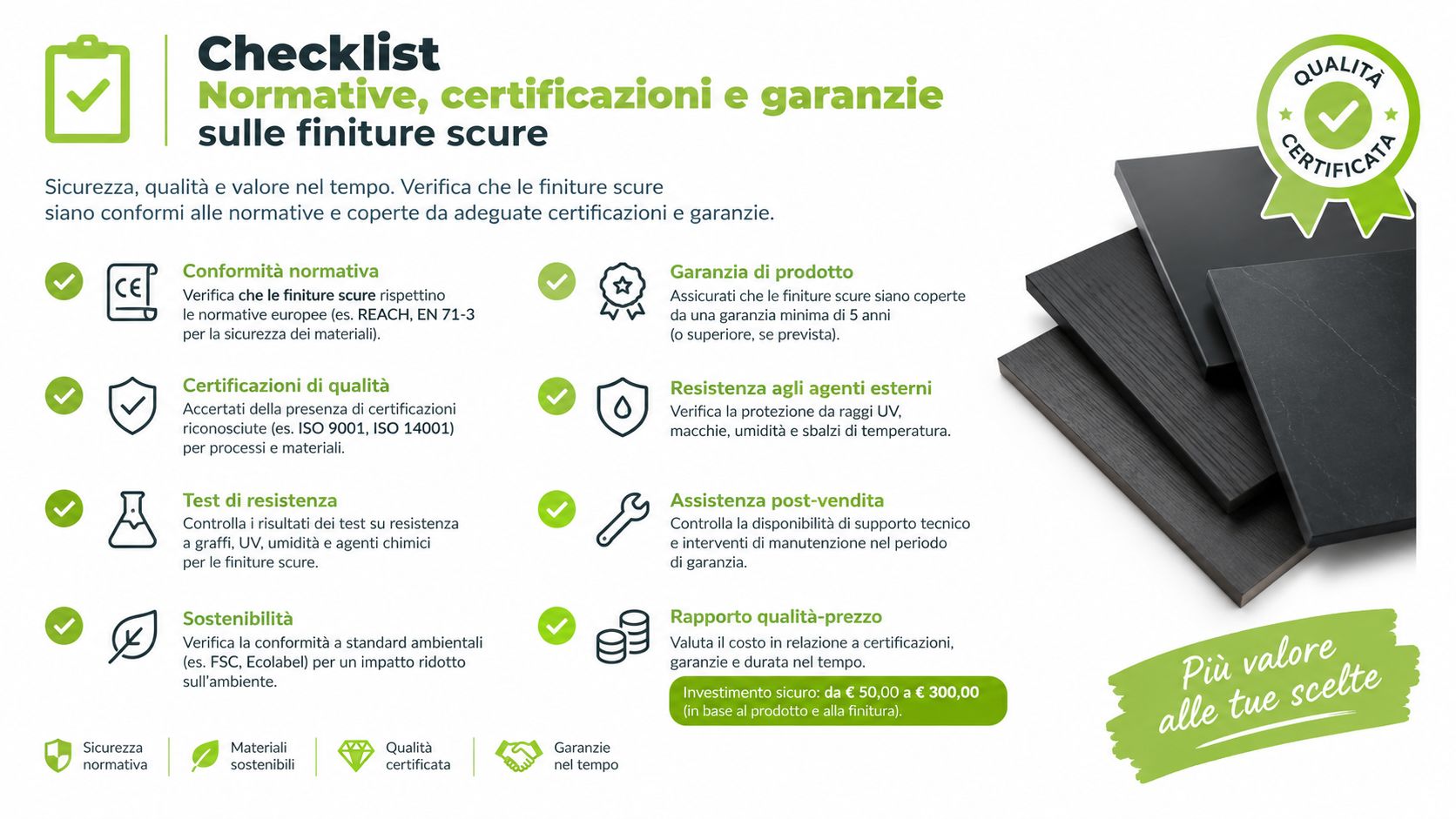 Una lista di controllo informativa sulle certificazioni e garanzie di qualità per le finiture di colore nero antracite.