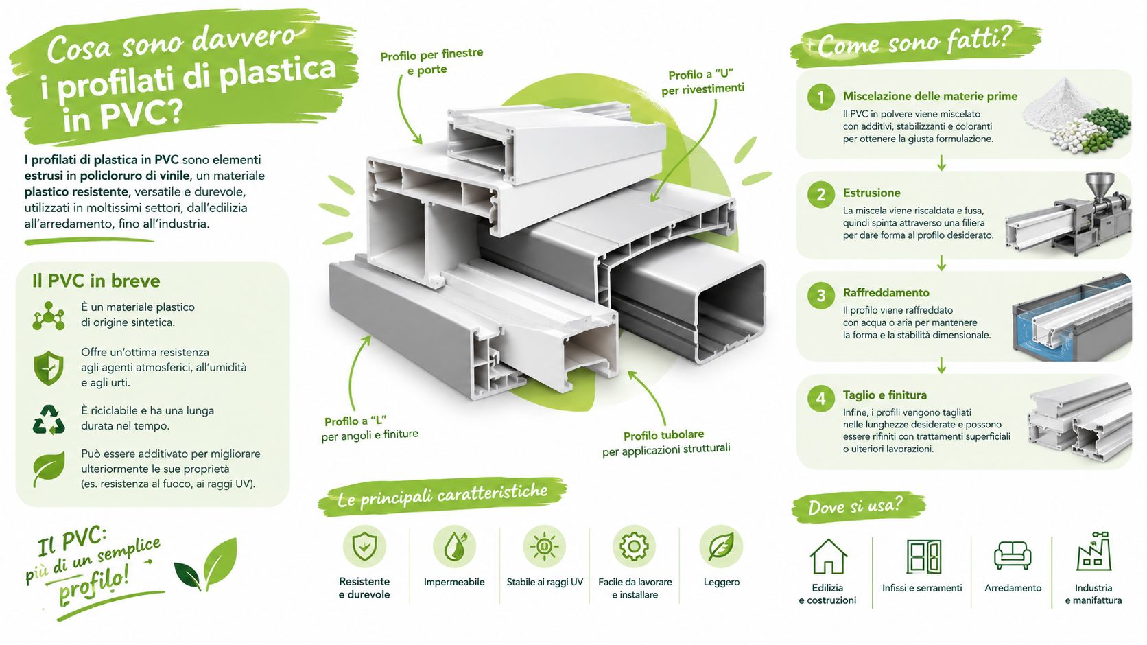 Infografica illustrativa che spiega cos'è il PVC, i suoi processi di produzione, caratteristiche principali e vari utilizzi industriali.
