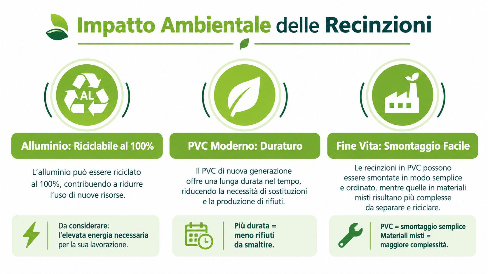 Infografica informativa sull'impatto ambientale delle recinzioni in alluminio e PVC moderno, evidenziando riciclabilità e sostenibilità.