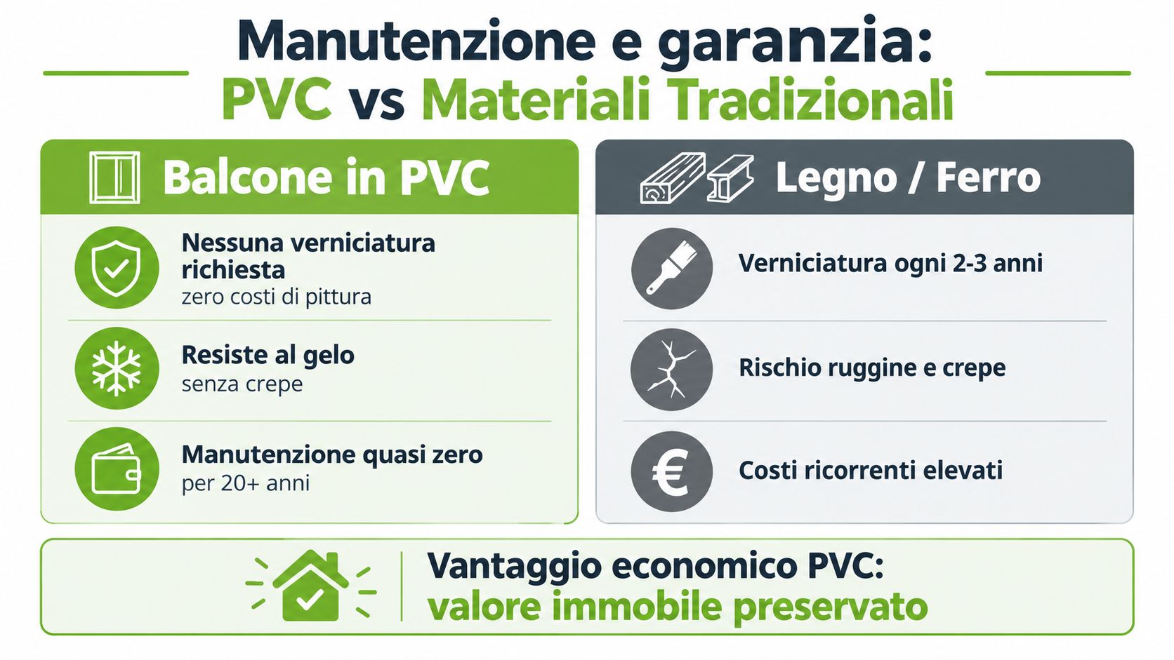 Confronto informativo tra balconi in PVC e materiali tradizionali come legno e ferro riguardo manutenzione e costi.