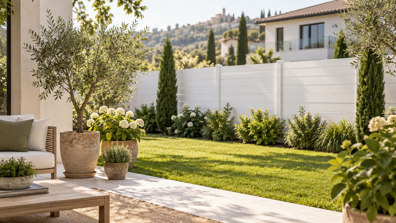 Un accogliente patio arredato con un ulivo, piante in vaso e un moderno pannello frangivista in un giardino.