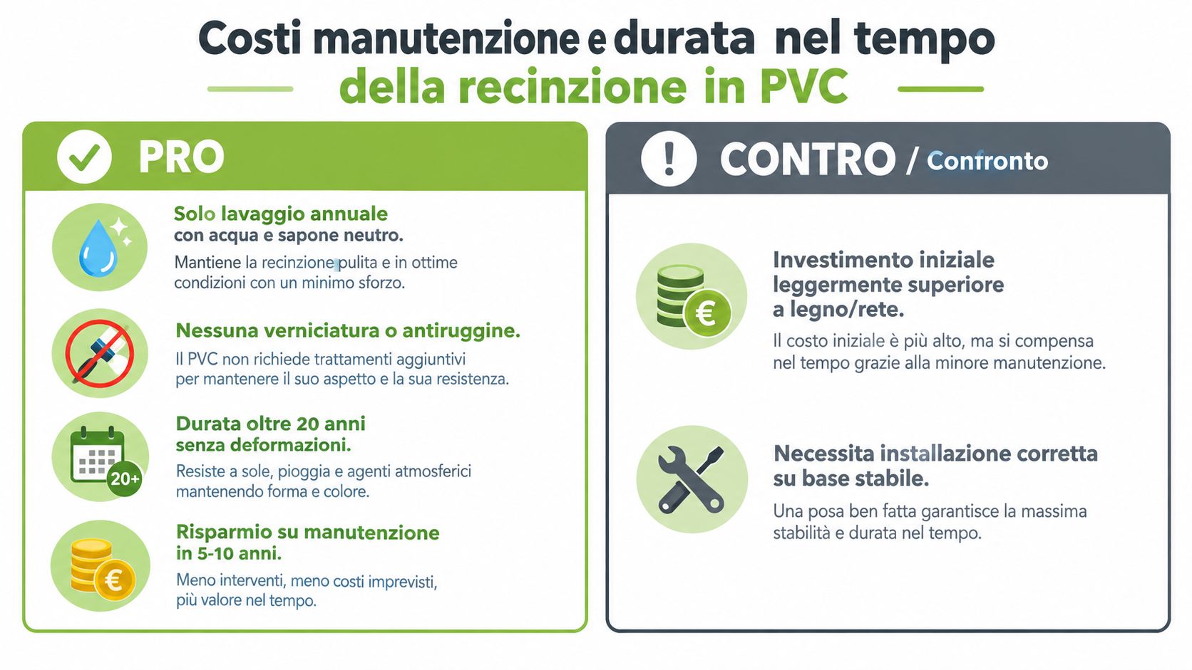 Infografica sui vantaggi e svantaggi della manutenzione e della durata delle recinzioni in PVC per esterni.