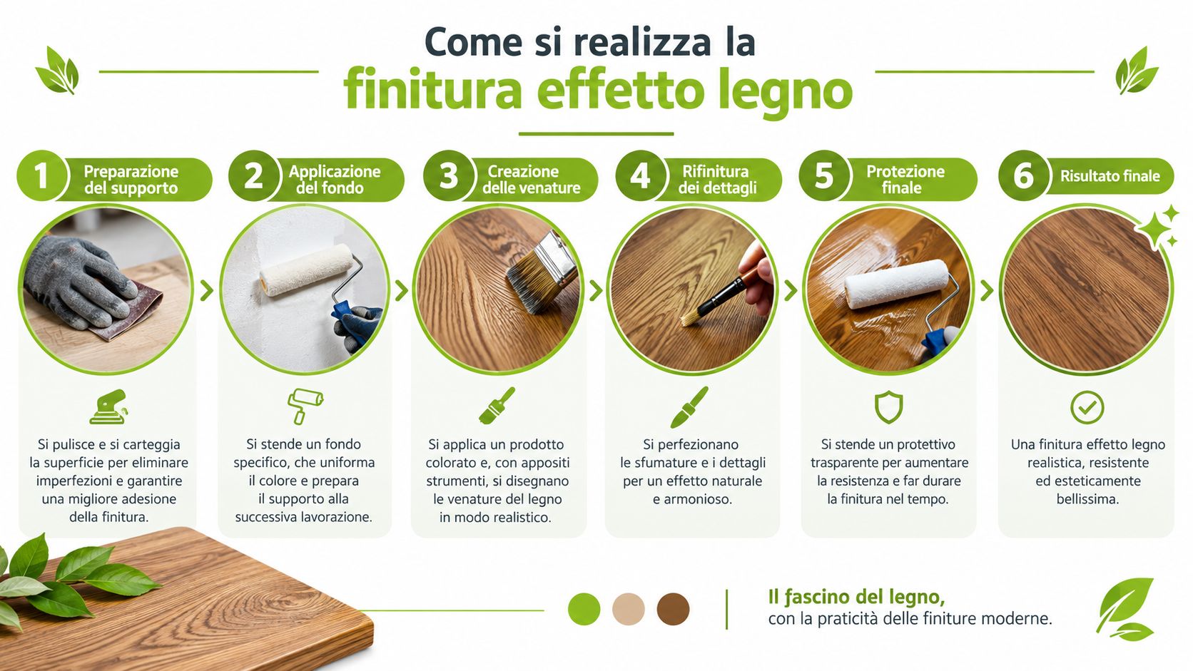 Infografica che mostra i sei passaggi necessari per realizzare una finitura decorativa effetto legno su una superficie.