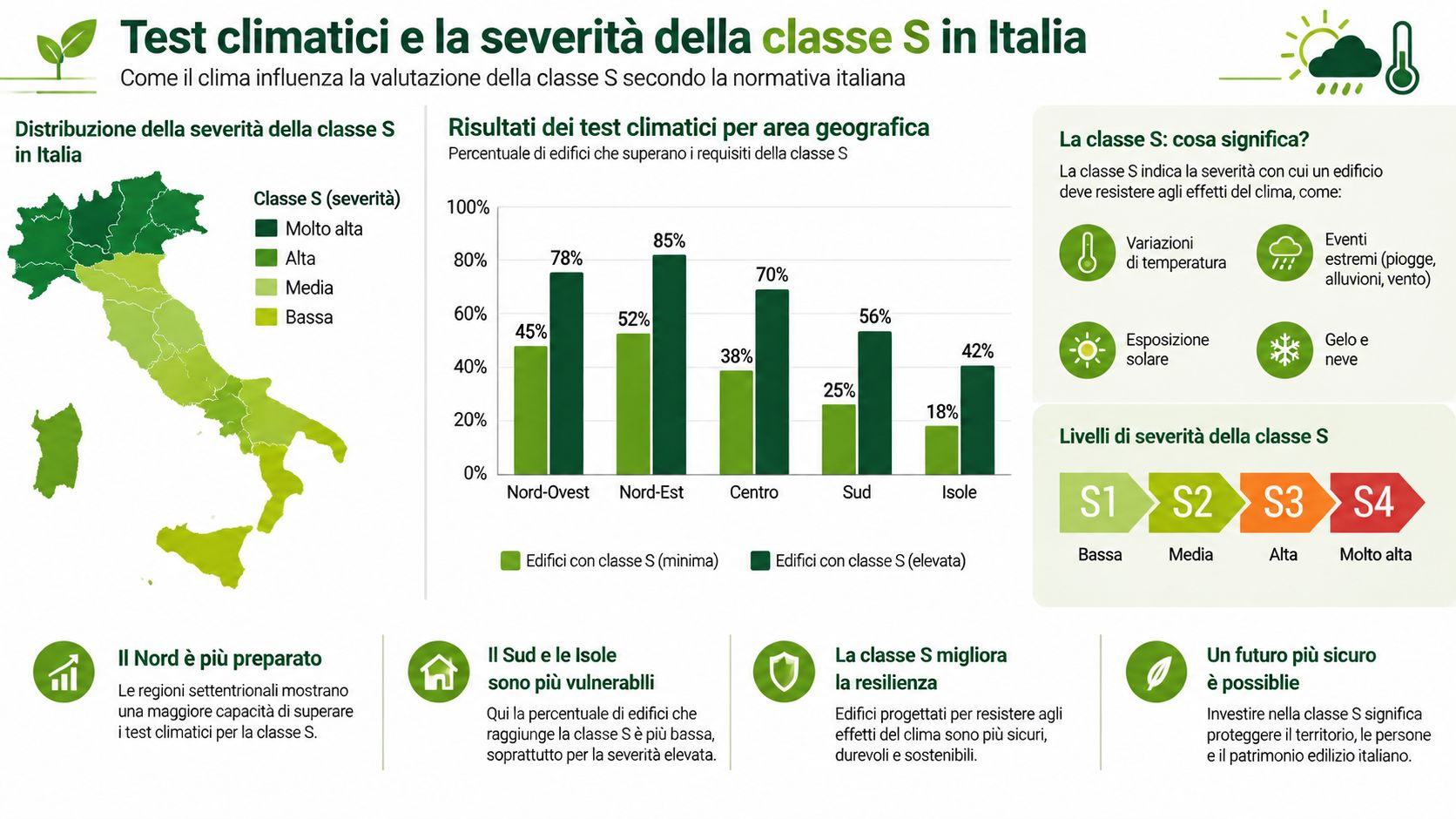 Mappa e grafico statistico sulla resilienza climatica degli edifici italiani classificati secondo la severità classe S.