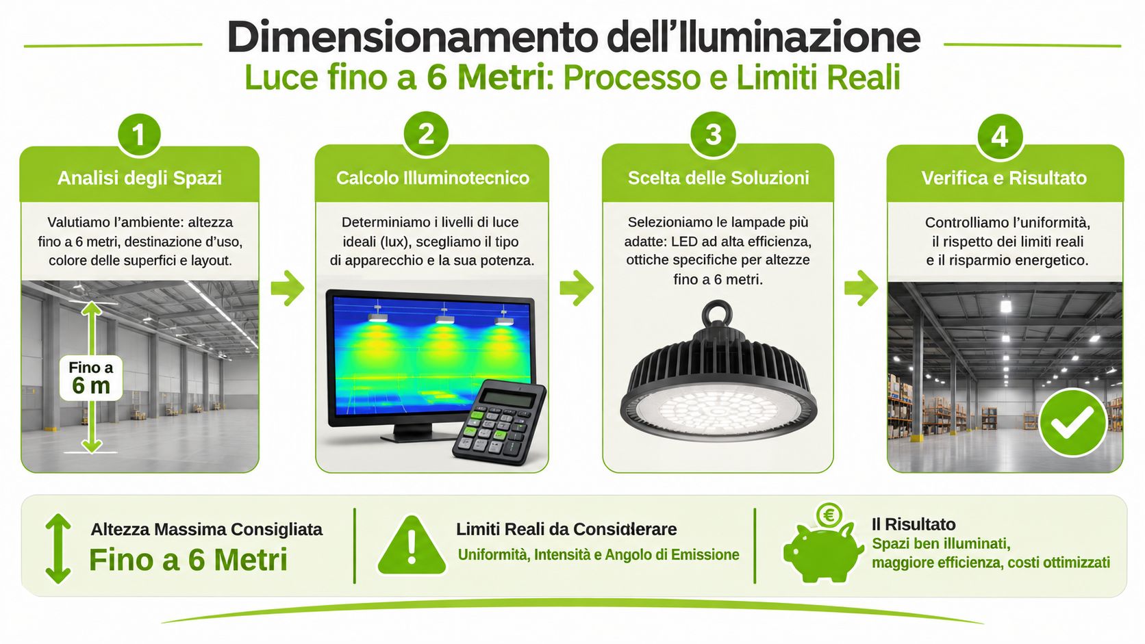 Infografica sul processo di progettazione illuminotecnica per ambienti industriali con soffitti fino a sei metri di altezza.