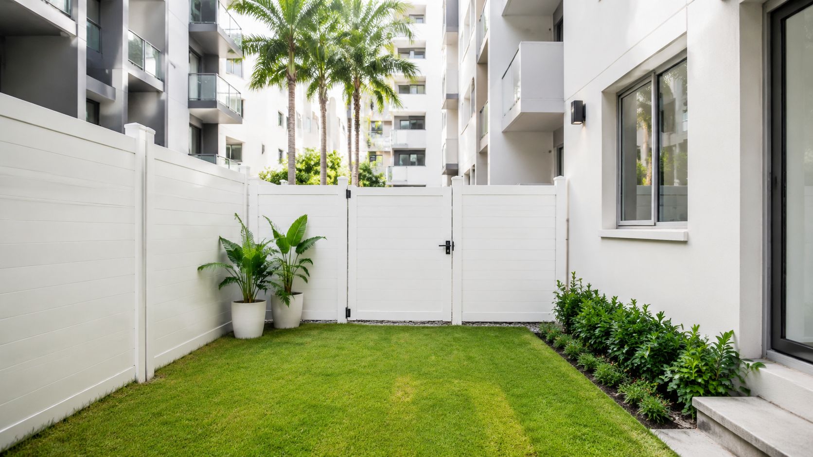 Un piccolo cortile recintato con erba verde, piante in vaso e una recinzione in alluminio bianco moderno.