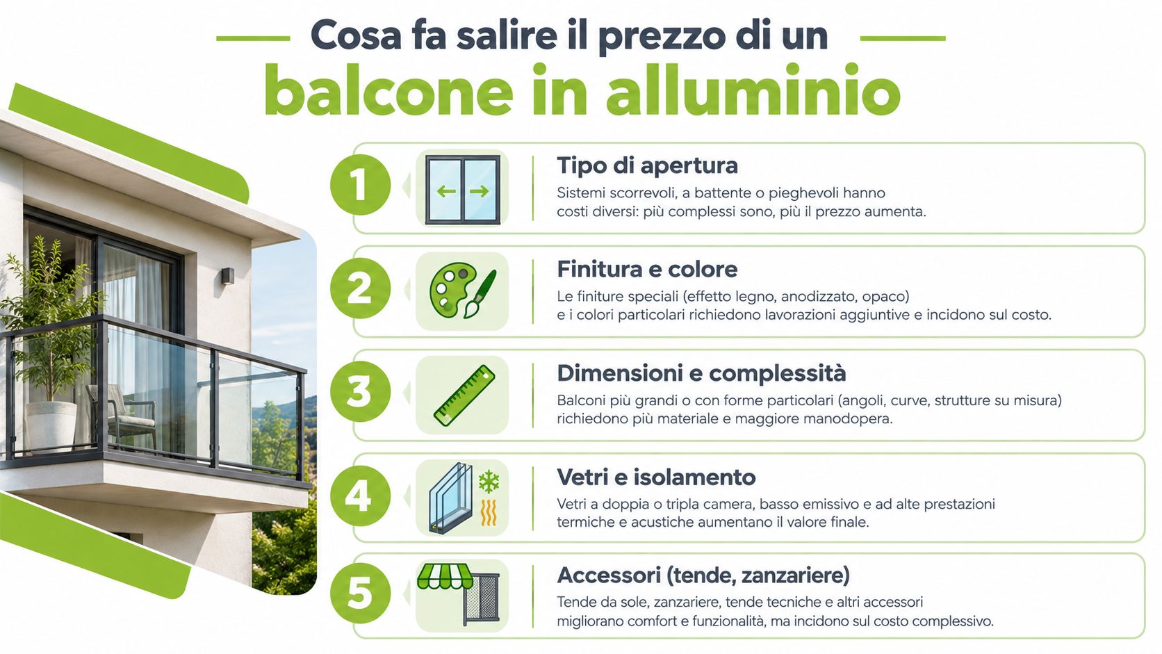 Infografica che illustra i cinque fattori principali che influenzano il prezzo dei balconi in alluminio.