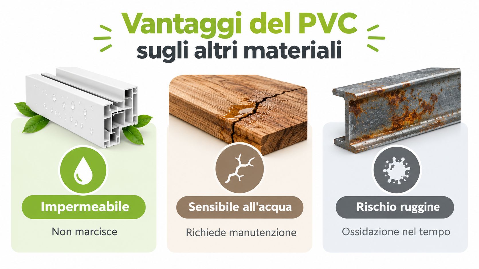 Confronto visivo tra PVC, legno e ferro, evidenziando la resistenza all'acqua e la durata del PVC rispetto agli altri.