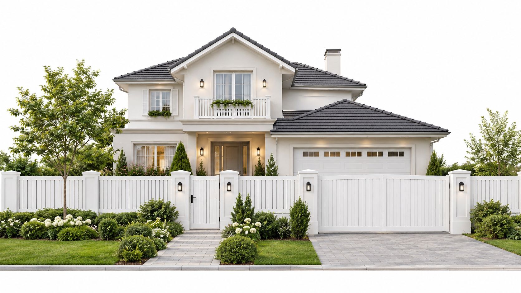 Una moderna villa bianca con tetto scuro, giardino curato e un elegante cancello d'ingresso in stile contemporaneo.