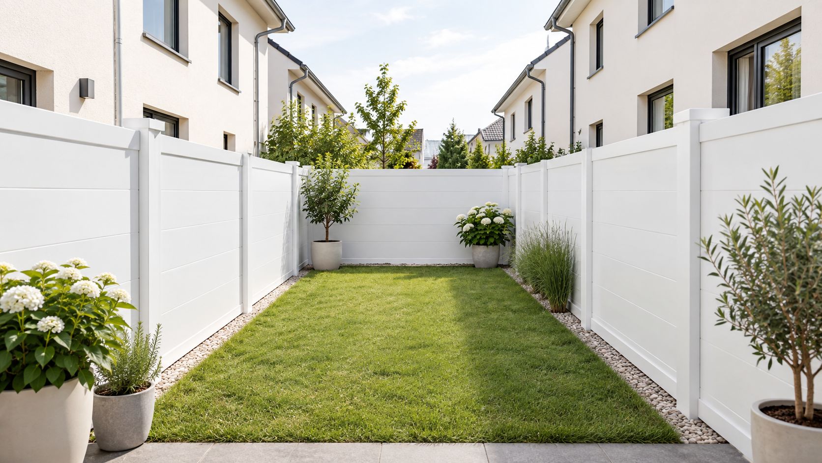 Un piccolo giardino curato circondato da recinzioni bianche moderne tra due villette a schiera luminose.