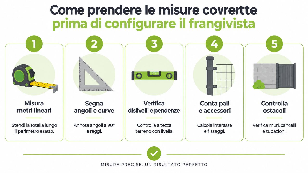 Infografica illustrata con cinque passaggi per prendere correttamente le misure prima di installare un frangivista in giardino.
