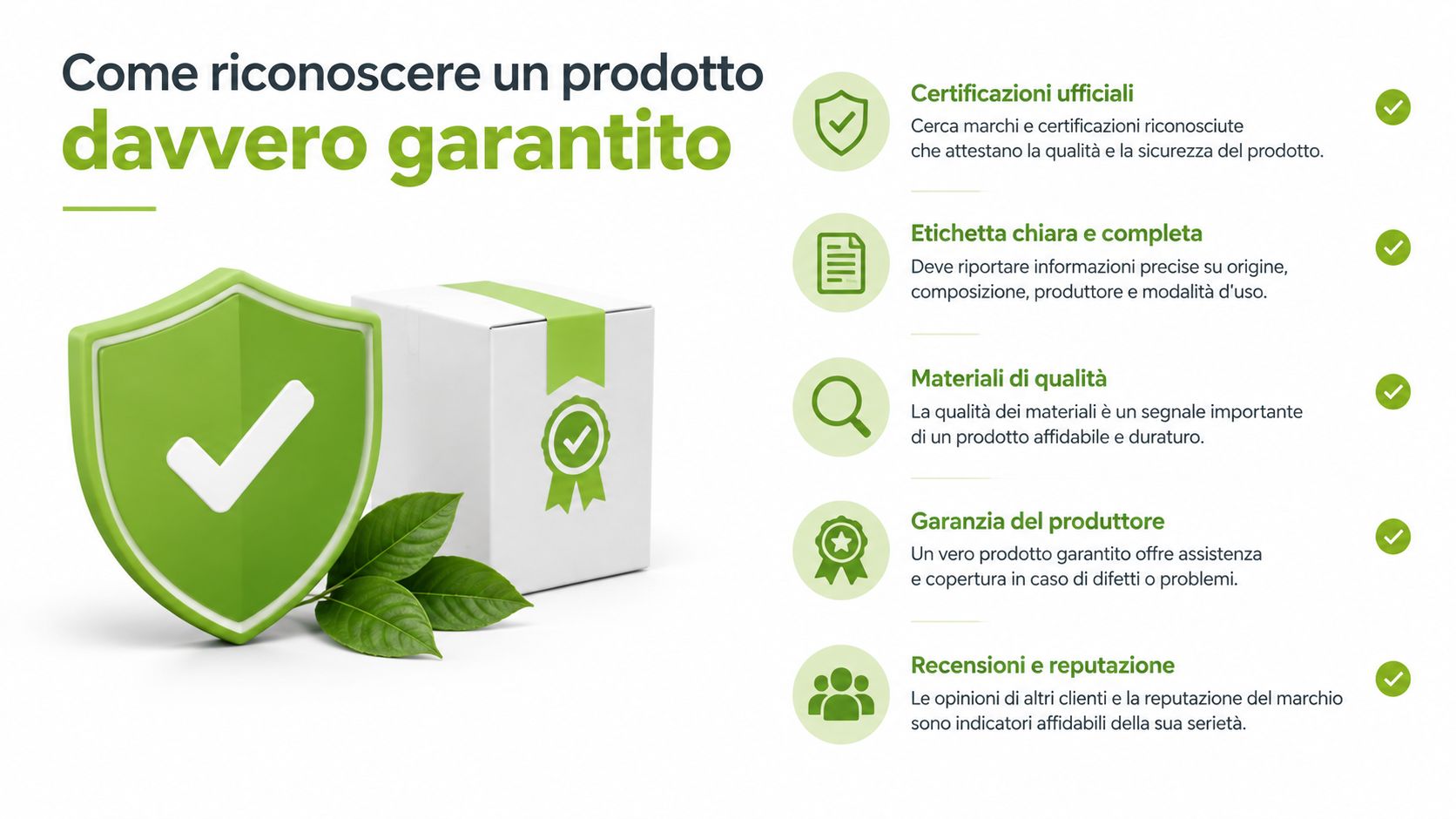 Un'infografica che spiega come identificare un prodotto garantito tramite certificazioni, etichette chiare, materiali di qualità e recensioni.