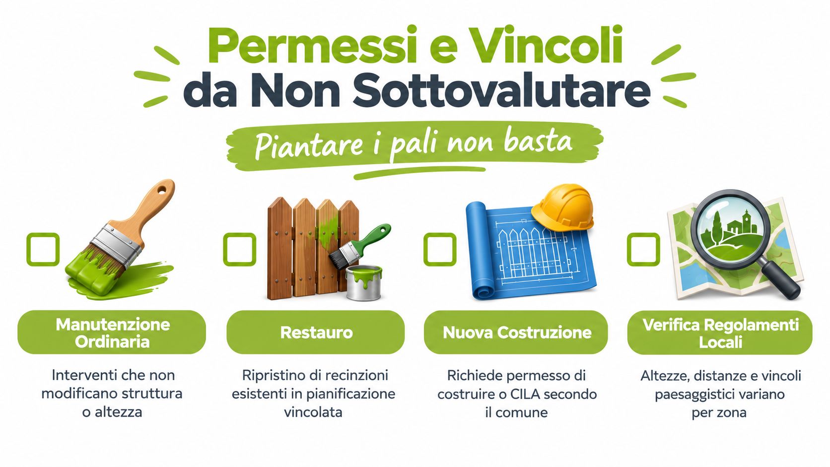 Un infografica informativa sui permessi e vincoli necessari per l'installazione di recinzioni e pannelli modulari esterni.
