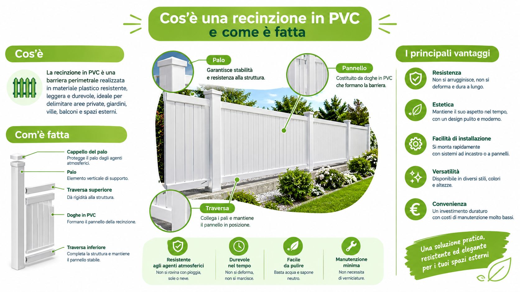 Infografica informativa sulle caratteristiche e sui vantaggi delle recinzioni in PVC per giardini e spazi esterni.