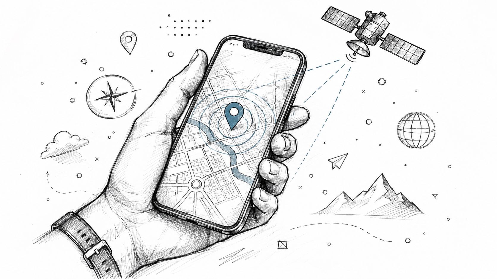 A hand holding a smartphone showing a map with a navigation pin being tracked by a satellite.
