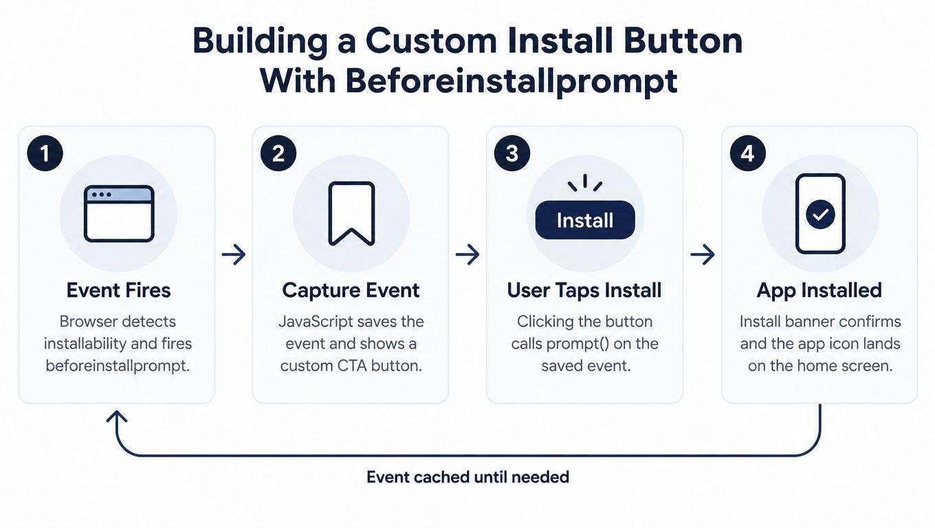 A four-step infographic illustrating how to create a custom app install button using the beforeinstallprompt event.