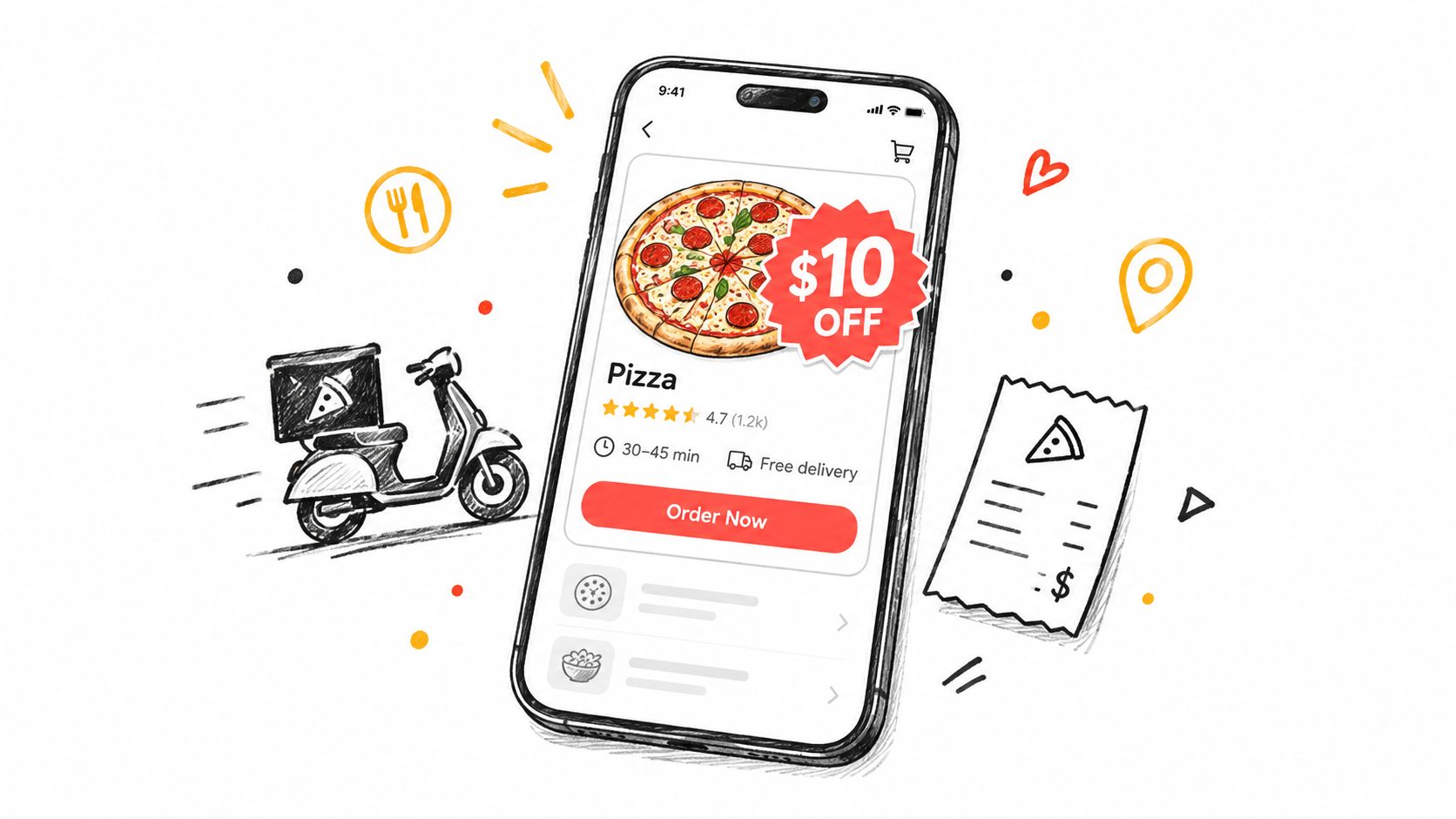 A smartphone app display showing a pizza order with a ten dollar discount offer and delivery options.