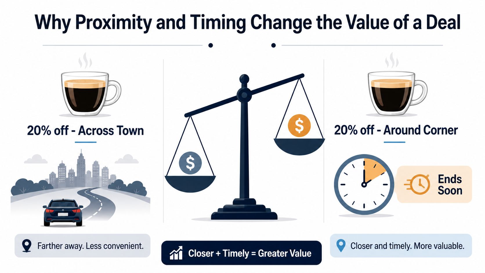 An infographic illustrating how proximity and timing increase the perceived value of a promotional coffee deal.