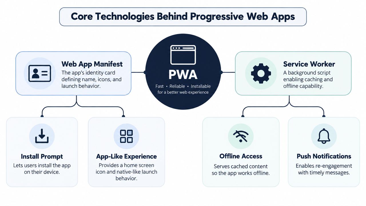 A diagram illustrating the core technologies behind Progressive Web Apps: Web App Manifest and Service Worker.