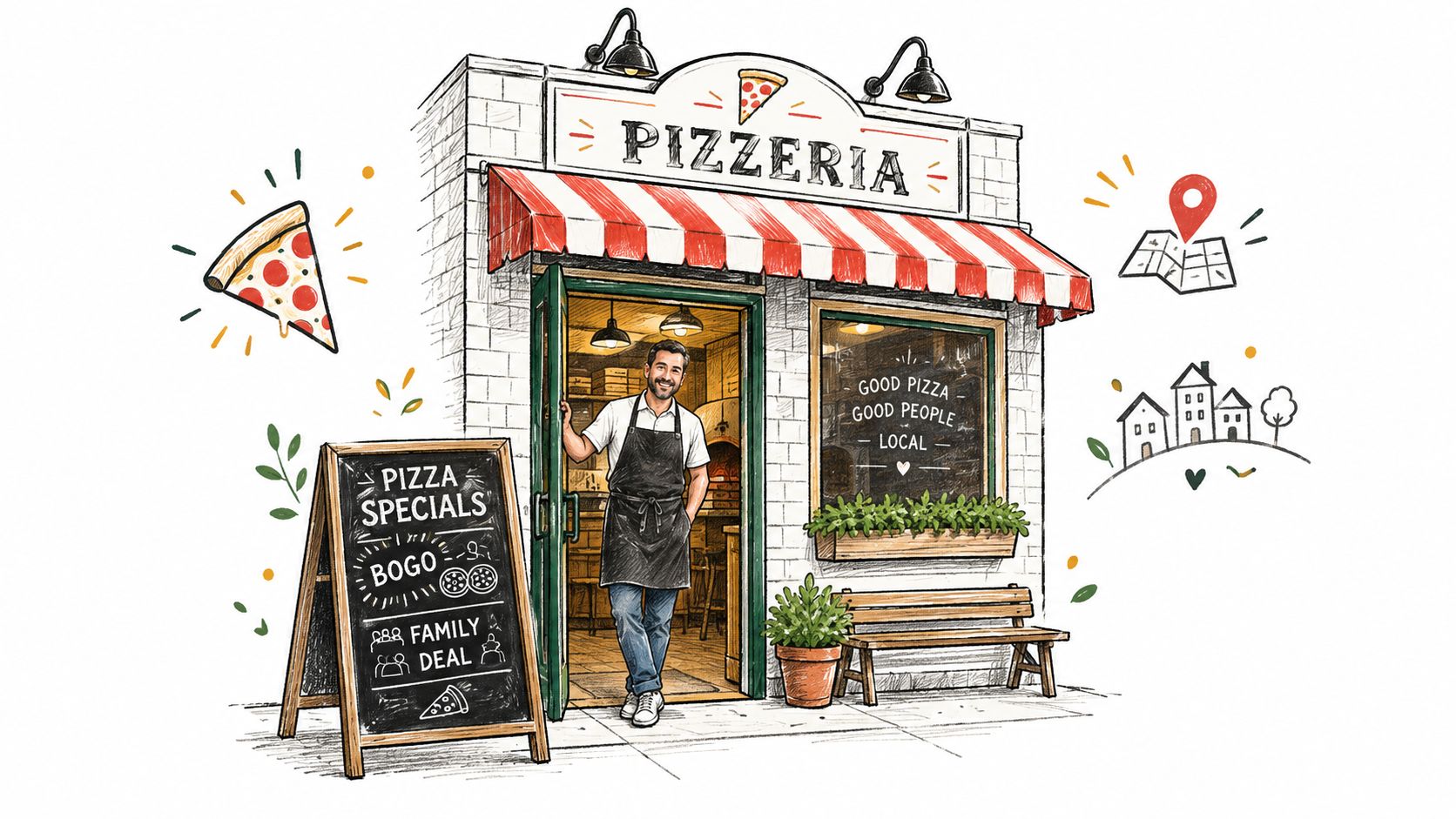 A friendly pizza shop owner stands in the open doorway of a welcoming local pizzeria.
