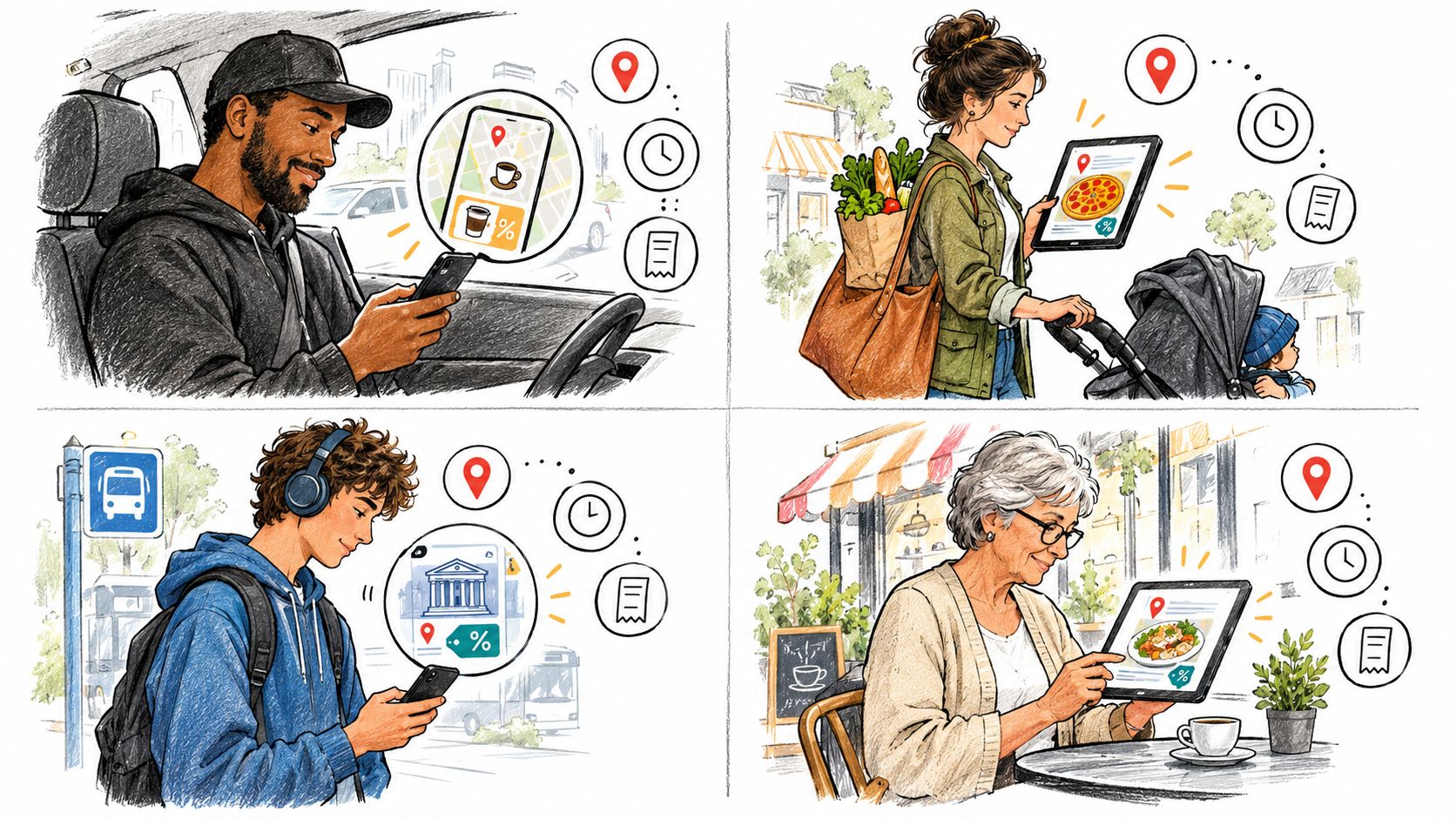 A four-part illustration showing diverse people using a mobile app to find local discounts and restaurants.