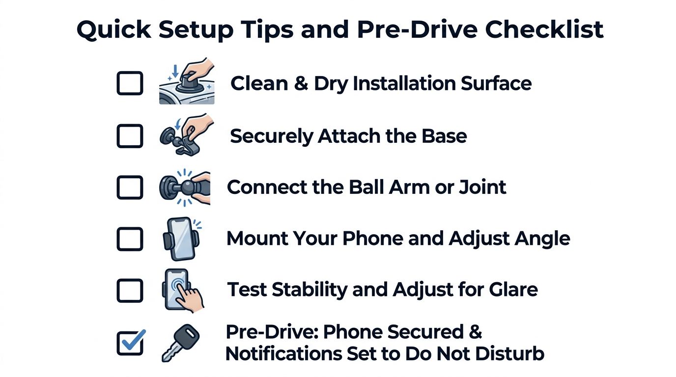 A checklist for installing and using a phone ball mount in a vehicle with six illustrated steps.