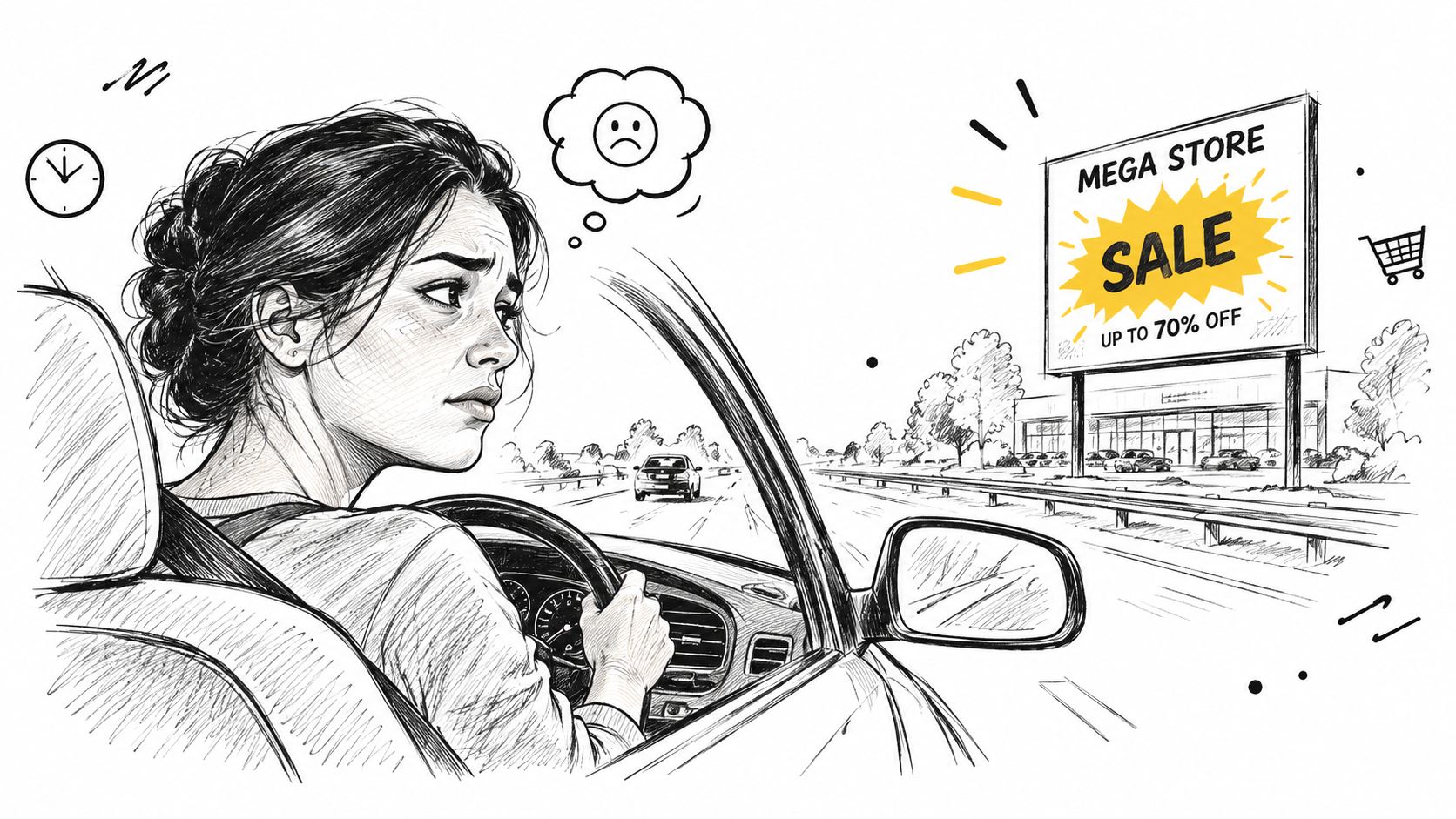 A concerned driver looking at a roadside billboard advertising a mega store sale up to 70 percent off.