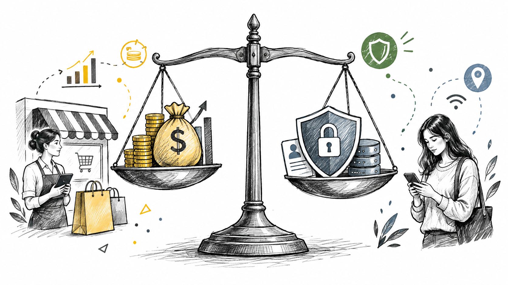 A conceptual illustration balancing financial profit and business growth with consumer data privacy and security protections.