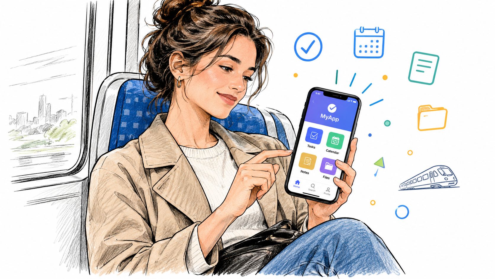 A young woman sitting on a train, using a smartphone to interact with her productivity application.