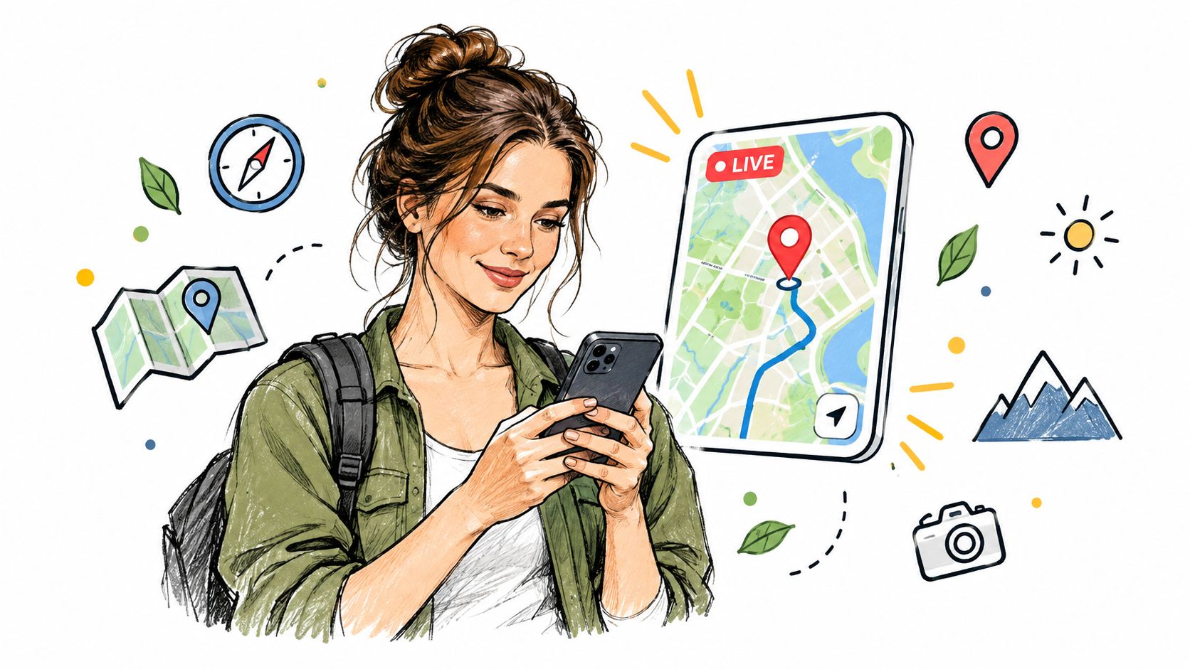 A young woman wearing a backpack checks a navigation map on her smartphone while traveling outdoors.