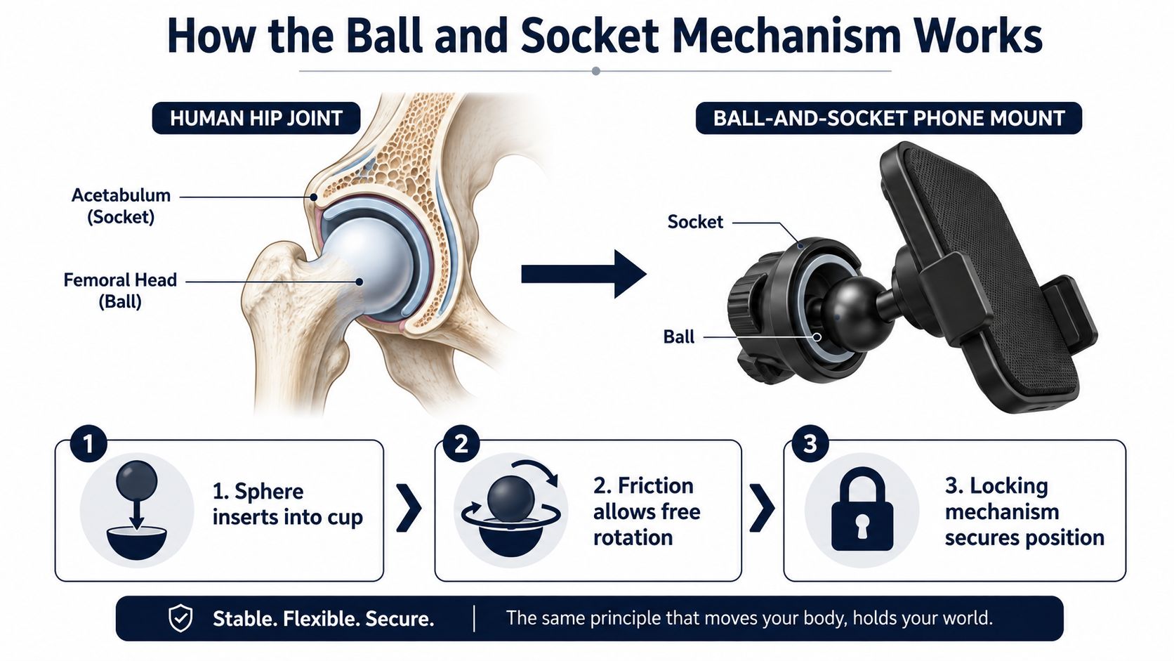 An infographic showing the ball and socket mechanism in a human hip joint and a phone mount.