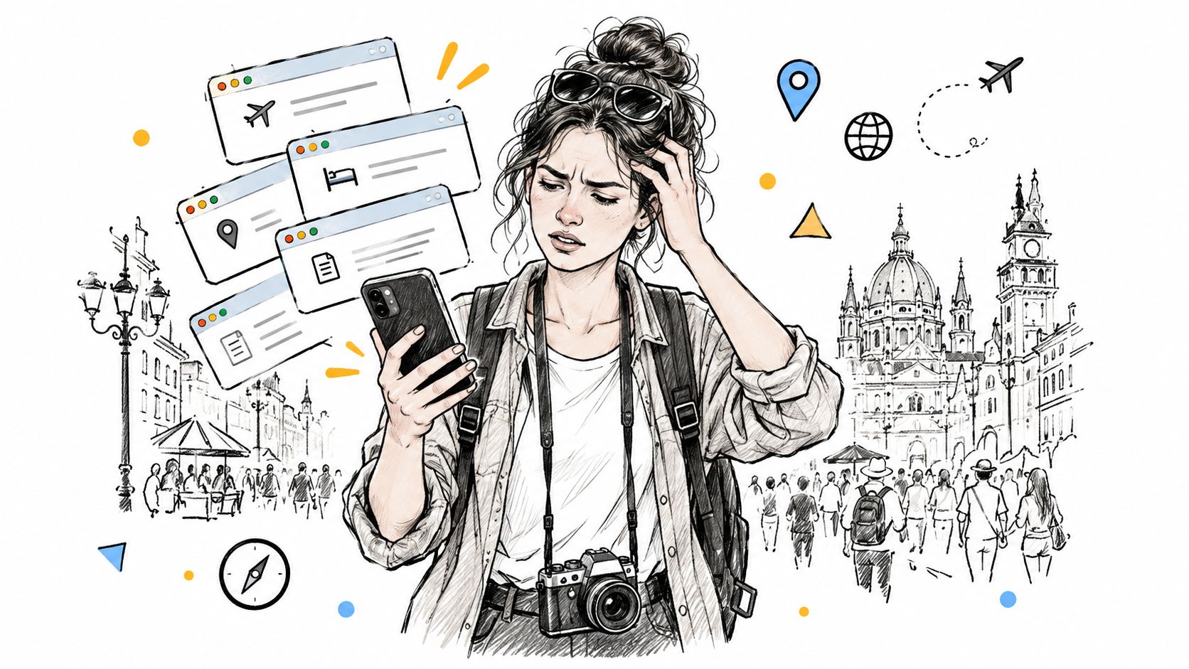 A confused traveler looking at multiple open travel apps on her smartphone while visiting a city.