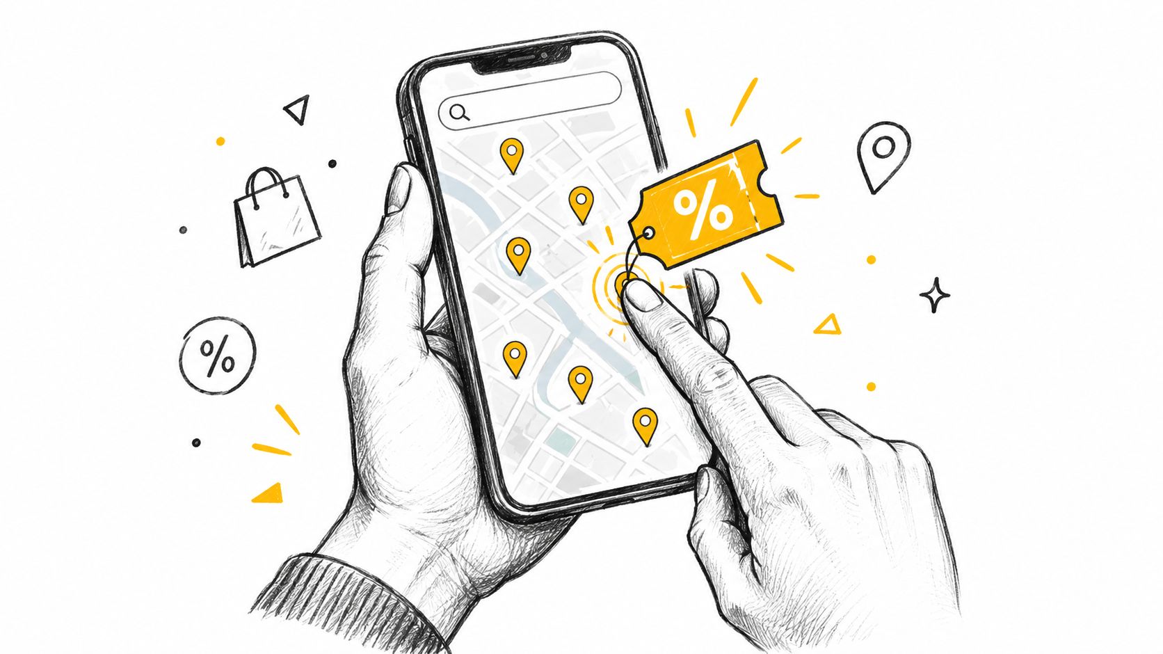 A hand holding a smartphone displaying a digital map with location pins and a discount coupon icon.
