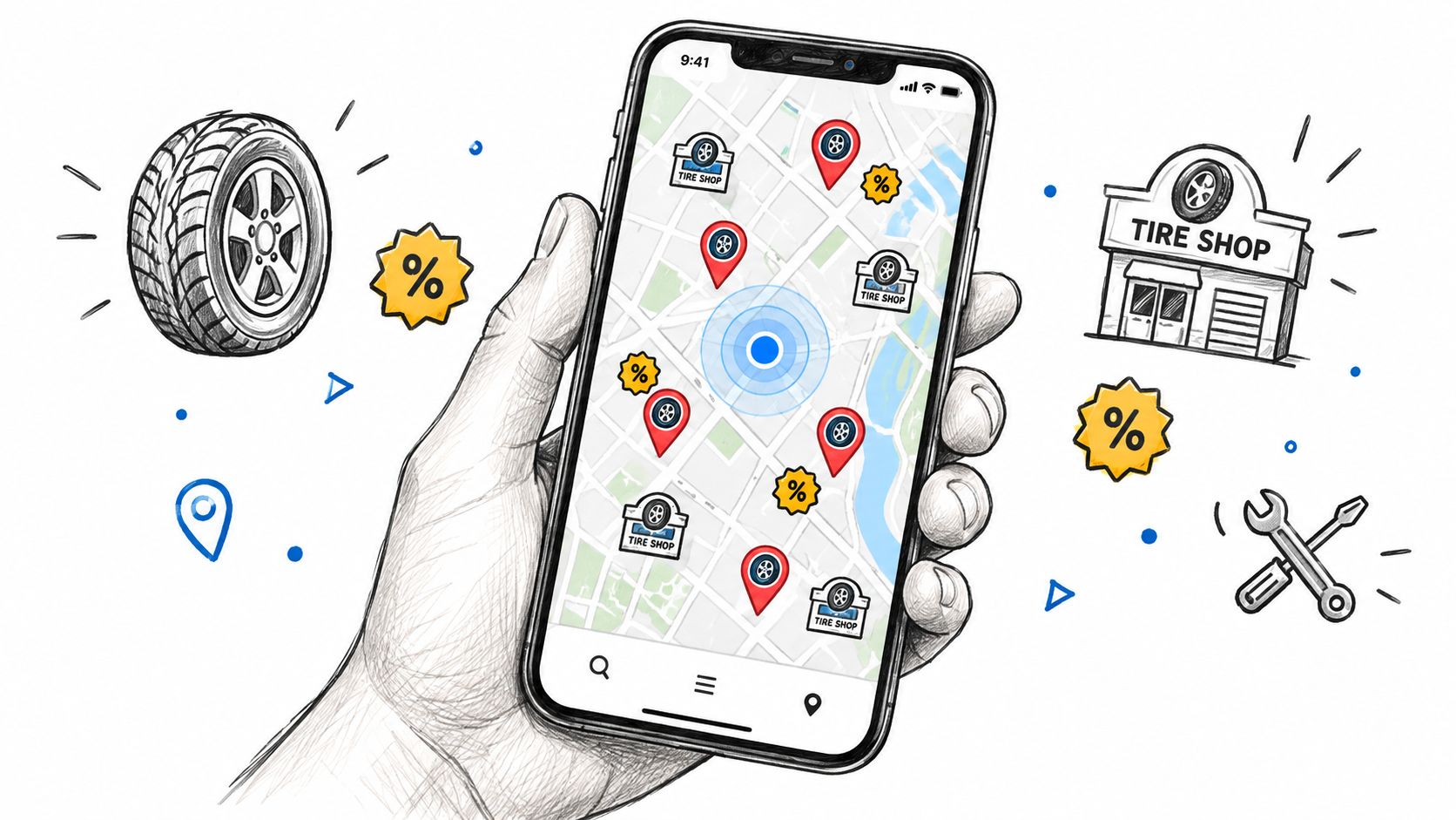 A hand holding a smartphone showing a map with tire shop locations and discount percentage markers.