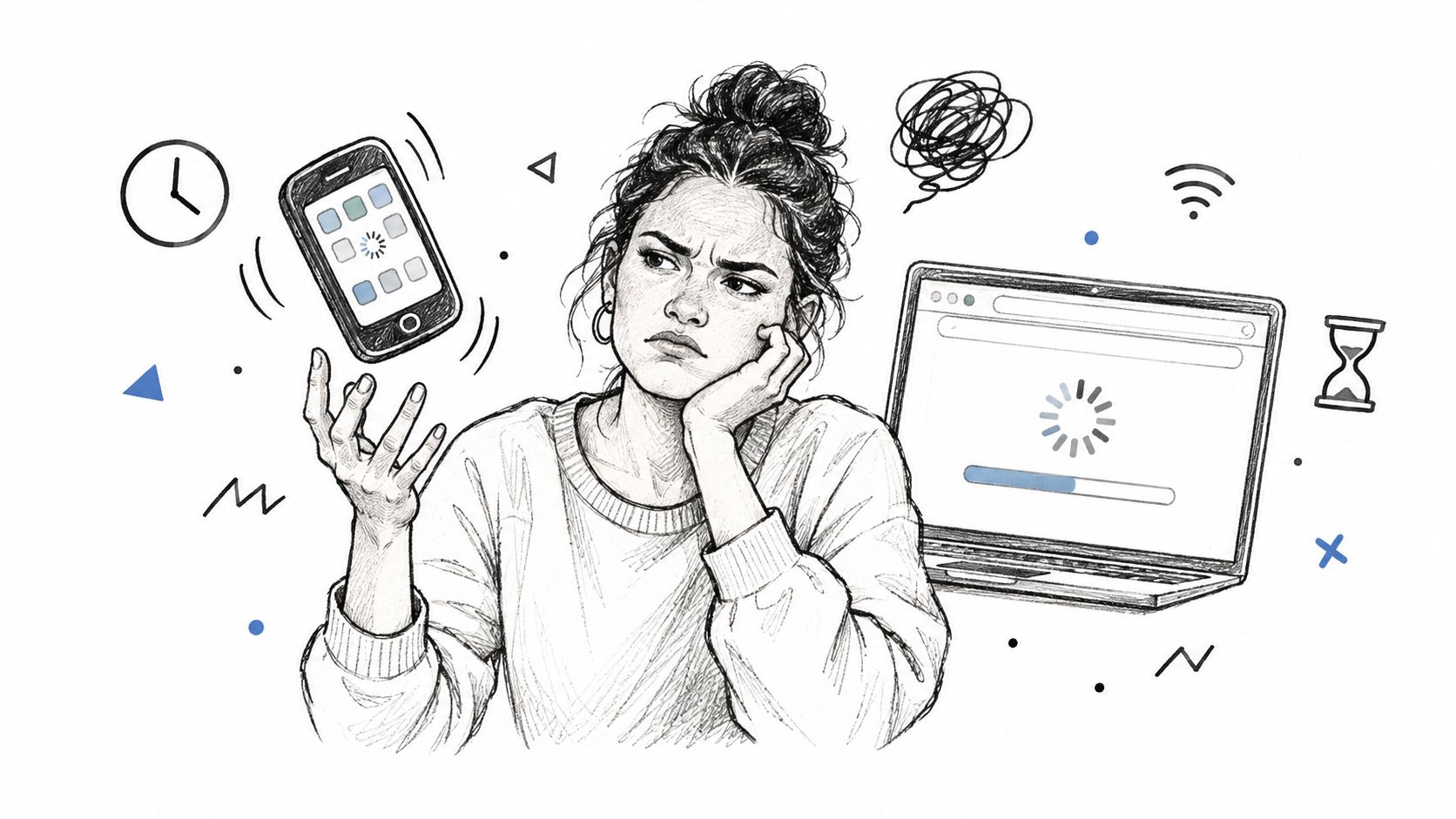 A sketched illustration of a woman looking frustrated while waiting for her phone and laptop to load.
