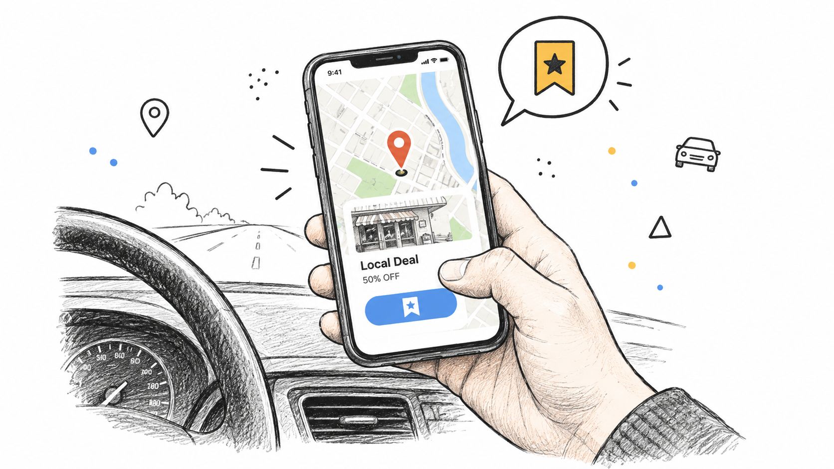 A hand holding a smartphone displaying a map and a local deal with a bookmark icon.