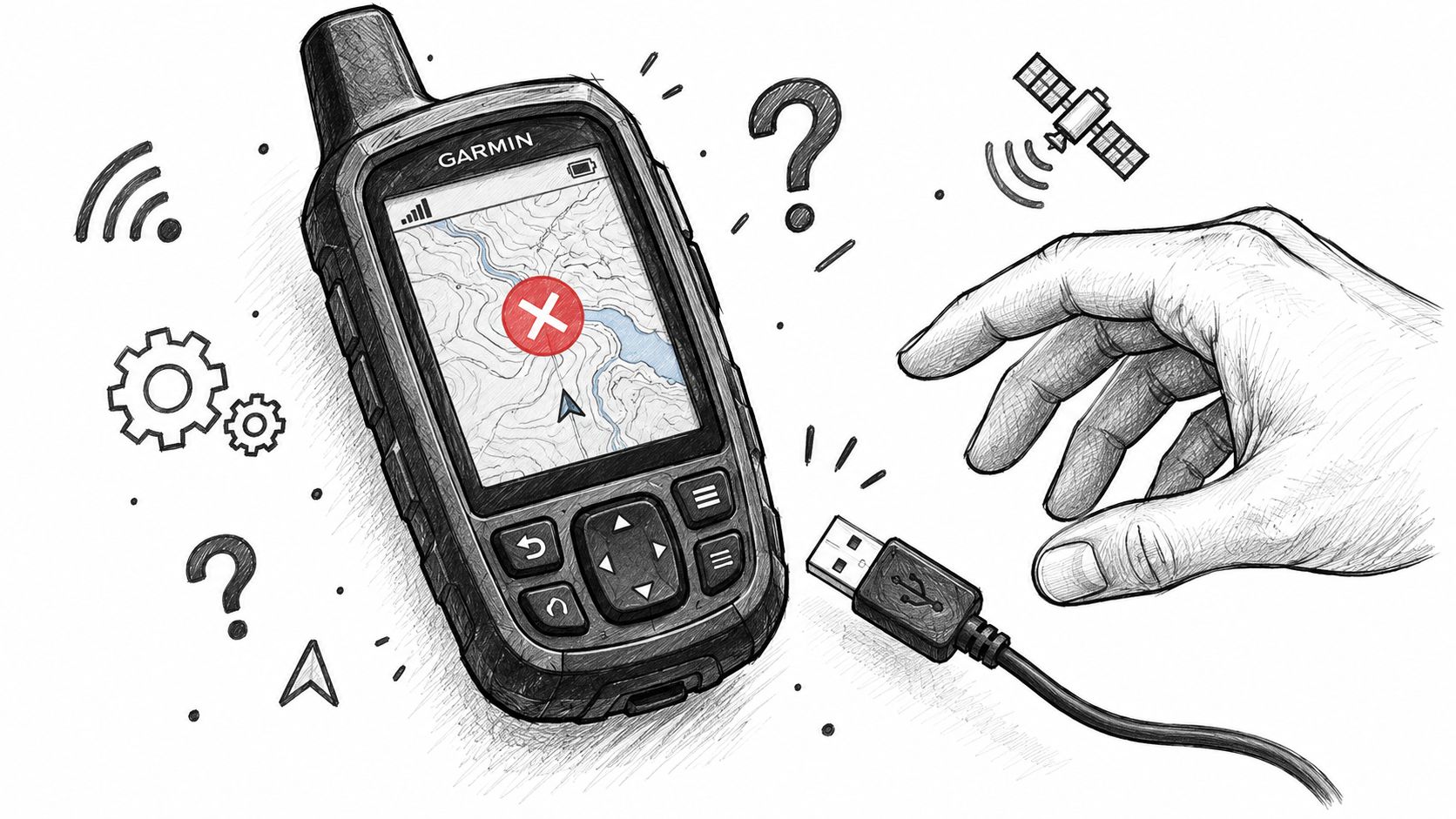 A hand holding a USB cable near a Garmin GPS device displaying a red error cross icon.