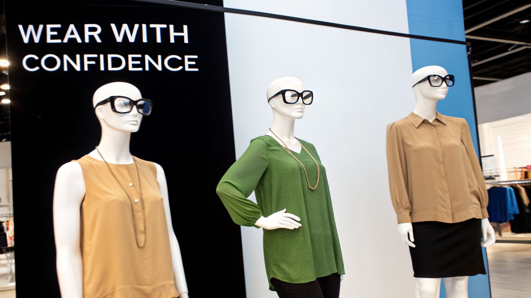 Exposición de tres maniquíes con atuendos a la moda y gafas grandes de montura oscura.