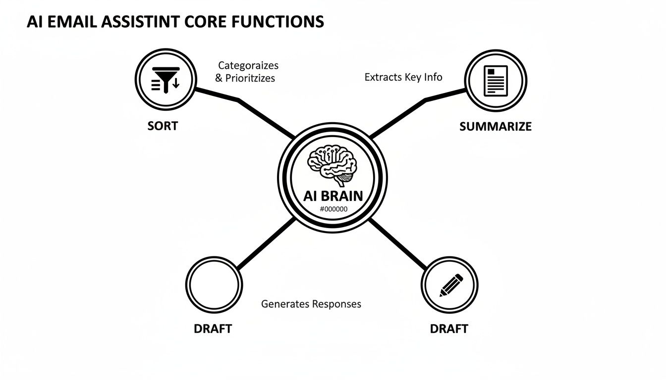 Diagram illustrating AI email assistant core functions: sorting, summarizing, and drafting responses using an AI brain.