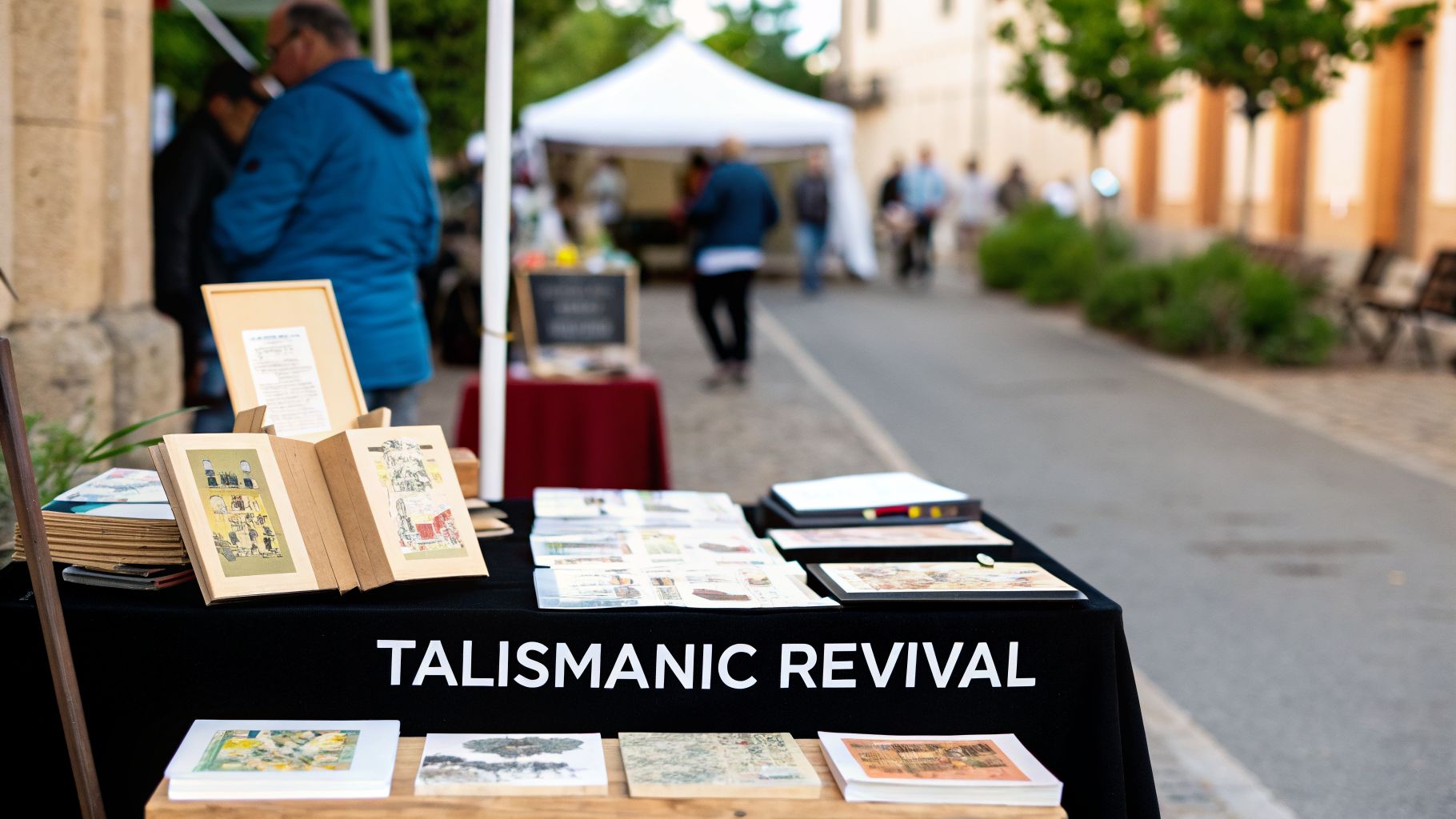 Outdoor market stall with books and art, featuring 'TALISMANIC REVIVAL' on a black table cover.