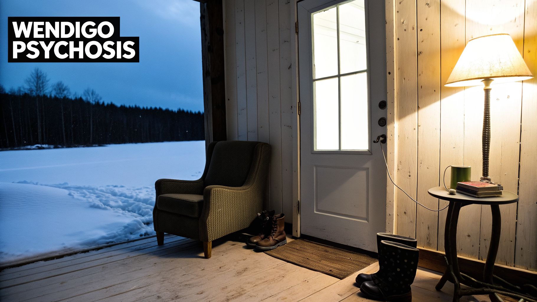 A snowy winter porch with a cozy chair, boots, lit lamp, and "WENDIGO PSYCHOSIS" text.