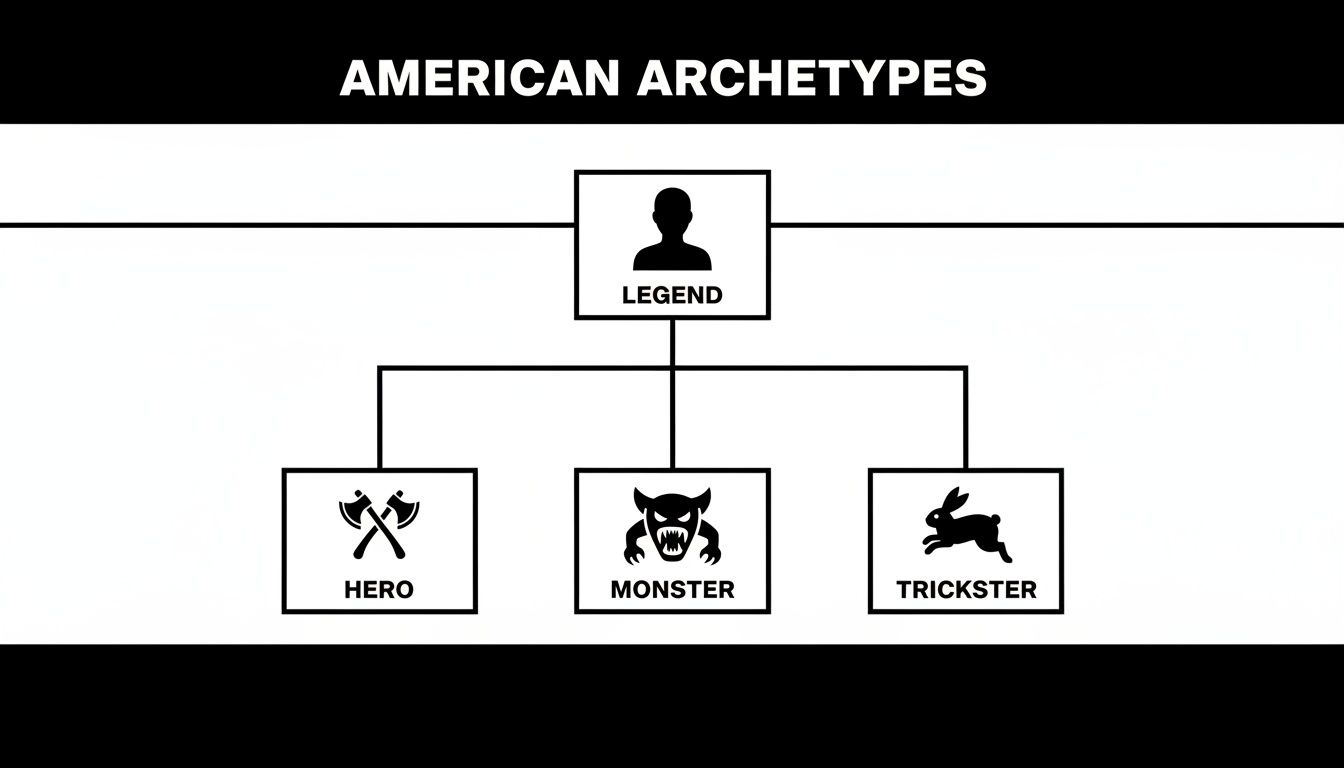 A hierarchical chart illustrating American archetypes: Legend, Hero, Monster, and Trickster with iconic symbols.