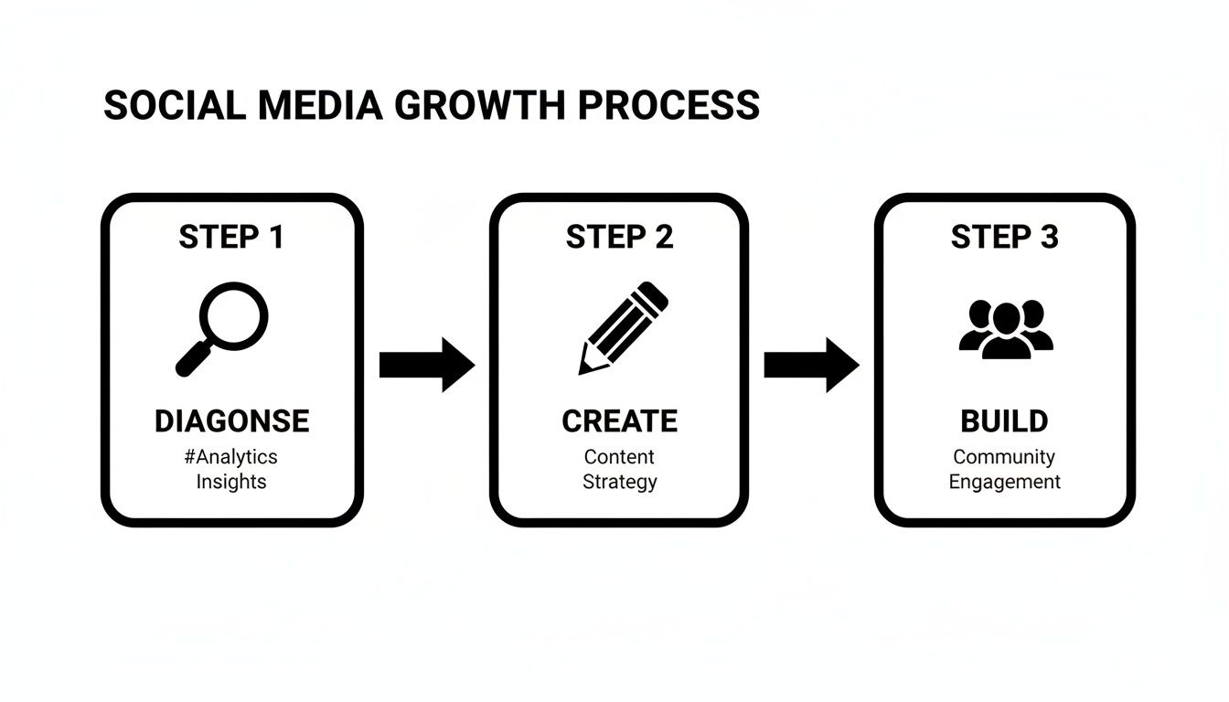 A diagram outlining a 3-step social media growth process: diagnose analytics, create content strategy, and build community.
