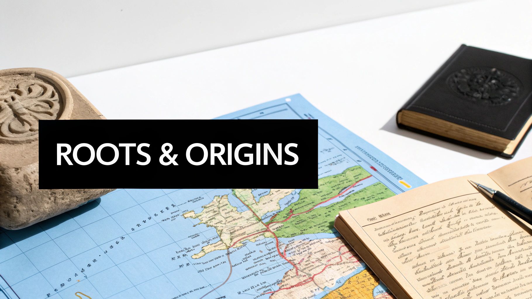 A vintage map, old books, a pen, and a stone carving with 'ROOTS & ORIGINS' text overlay.