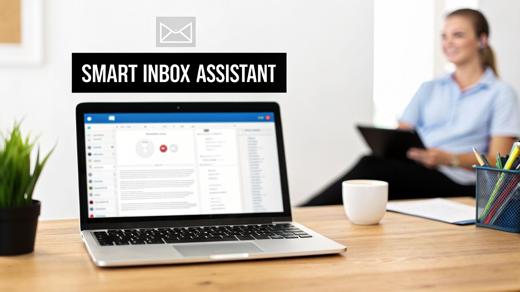 A laptop on a desk displaying an email application, with text 'SMART INBOX ASSISTANT' and an email icon.