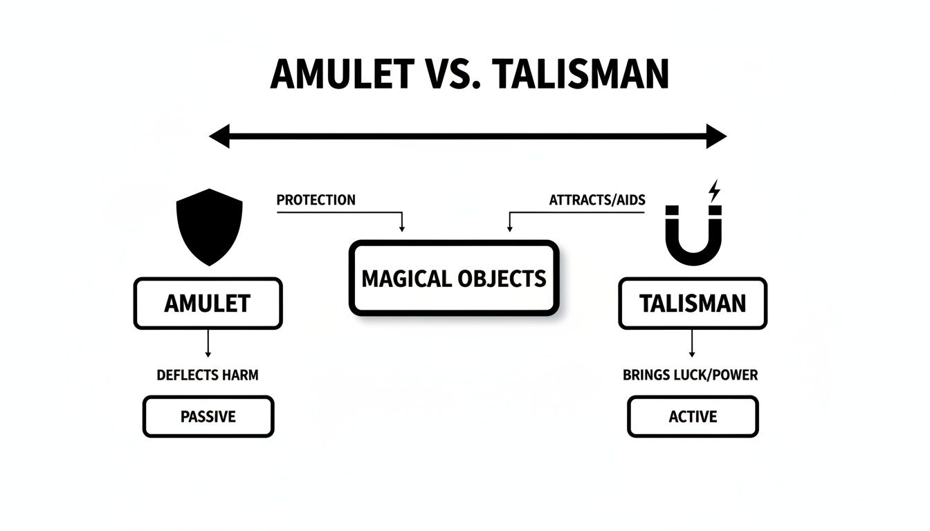 A clear diagram distinguishing amulets from talismans, showing amulets offer passive protection while talismans actively attract luck.