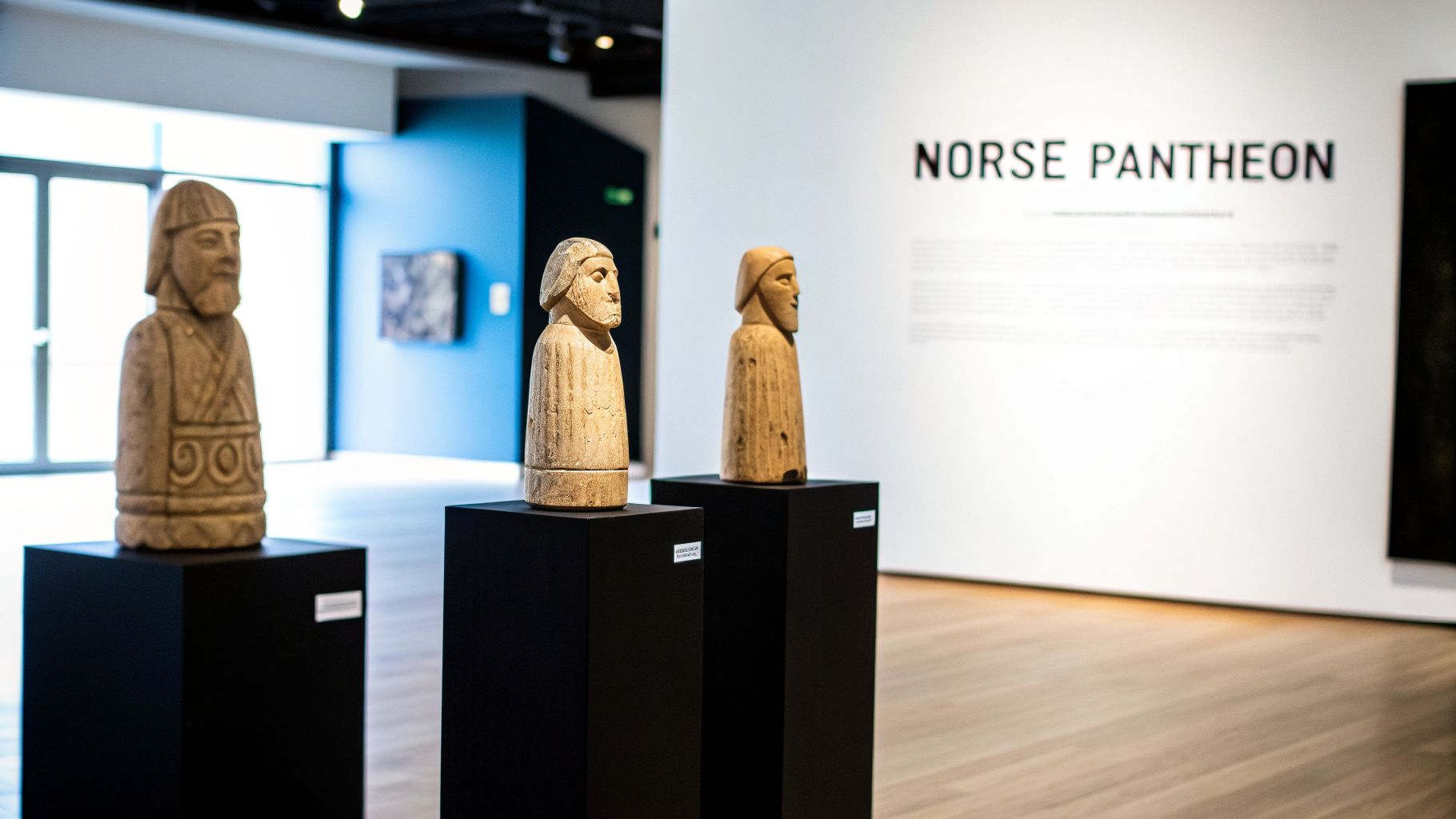 Three ancient wooden statues of bearded figures, likely Norse gods, displayed in a museum exhibit.