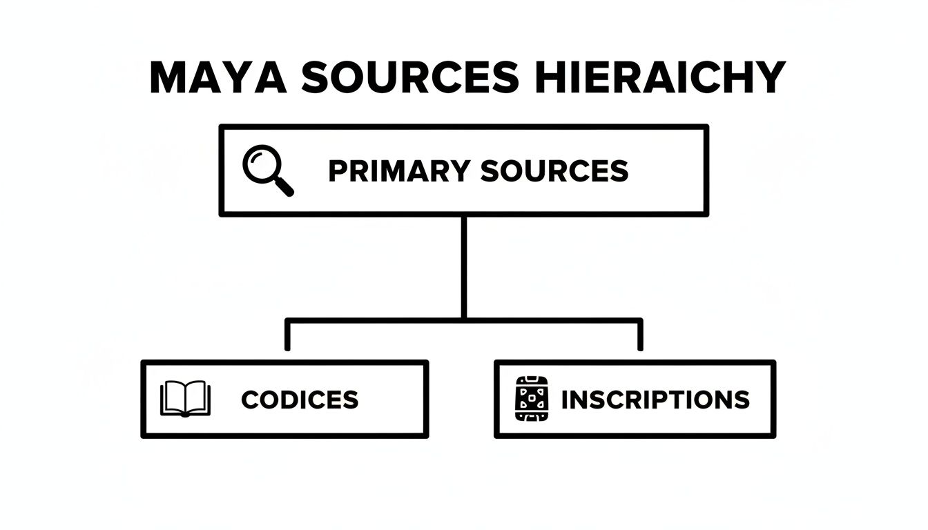 A hierarchy chart showing Maya sources, with Primary Sources at the top, leading to Codices and Inscriptions.